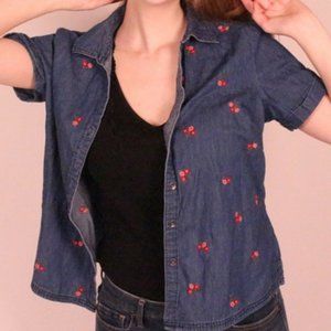 Blue Button Down With Floral Embroidery